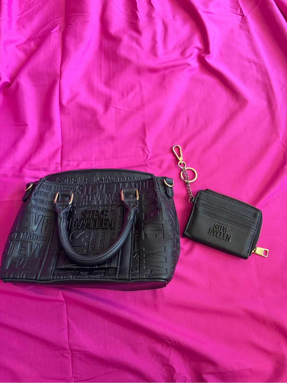 Steve Madden Black Embossed Bag with Matching Card Case and Keyring